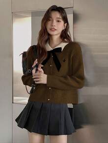 Fall/Winter College Style Color Contrast Bow Lapel Long Sleeve Embroidered Women's SweaterTops Cardigan Cardigan - Brown - View 3