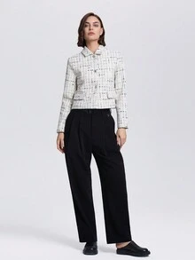 Textured Plaid Stand Collar Short Jacket - White - View 4