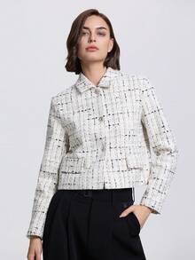 Textured Plaid Stand Collar Short Jacket - White - View 3