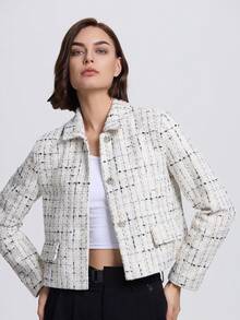 Textured Plaid Stand Collar Short Jacket - White - View 5