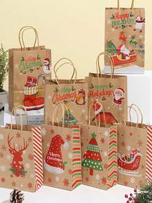 12/24 件，圣诞礼品袋，8 种款式礼品袋，小尺寸带手柄，宽松圣诞主题牛皮纸袋适合圣诞派对、学校、度假，可容纳饼干、糖果、装饰品等 - 彩色 - 查看 1