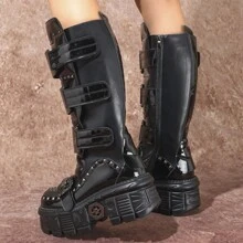 Rivet Punk Style Women's Lace-Up Thick Platform Motorcycle Boots, Heavy Metal Chunky Sole Work Boots - Black - View 4