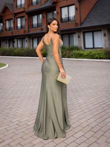 PARTY DRESS FOR BRIDESMAIDS AND GRADUATES WITH RHINESTONES STRAPS - 橄欖綠 - 查看 2