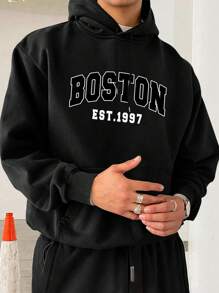 男式 1977 波士顿图案印花休闲运动通勤百搭保暖衬里套头连帽衫，黑色 - 黑色 - 查看 2