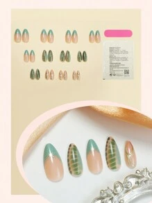 24 pezzi di unghie finte a mandorla di media grandezza con punta francese blu, design a motivi di stelle e conchiglie, finitura lucida, unghie finte intere per donne e ragazze per uso quotidiano - include lima per unghie e adesivo in gel per unghie - Multicolore - Visualizzare 2