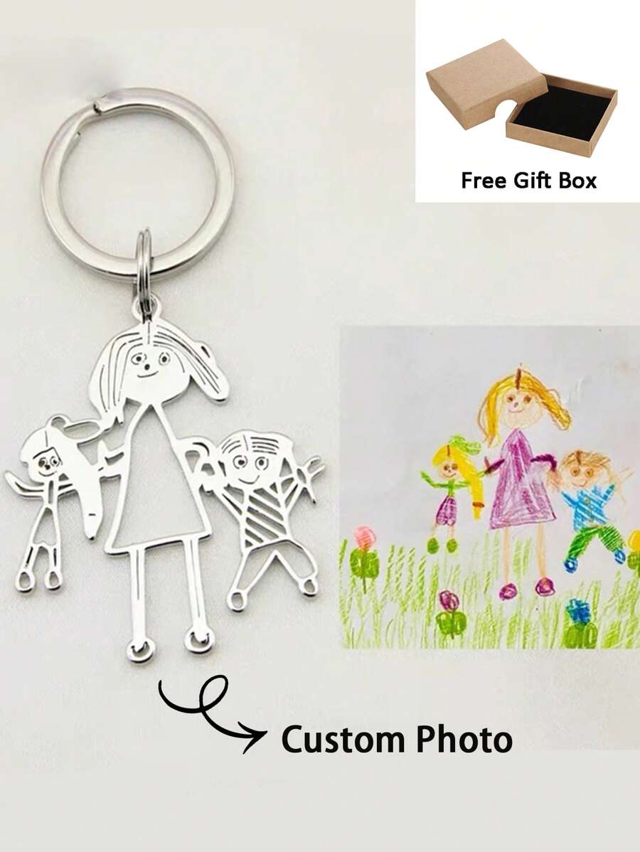 Custom Children Drawing Picture Keychain Stainless Steel Customized Cartoon Painting Photo Key Chain Personalized Car Keyring Jewelry Birthday Gift,Chic Autumn,Apparel Accessories,Customized Keychains & Accessories - Multicolor - View 1