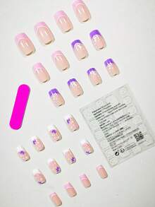 Bộ 24 móng tay giả hình quan tài ngắn dễ thương tối giản in hình trái tim màu tím thời trang, phù hợp cho cuộc sống hàng ngày, công việc, trà chiều và đi chơi - Nhiều màu - Xem 2