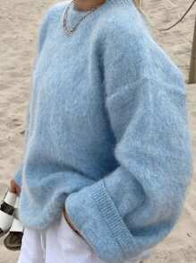 Winter Clothes For Women's Casual Solid Color Loose Fit Batwing Drop Shoulder Sleeve Round Crew Neckline Warm Knit Sweater Pullover - Blue - View 3