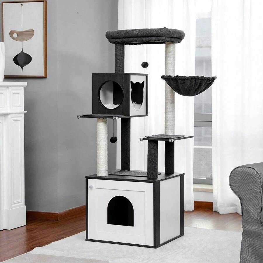Modern Cat Tree Wood Cat Tower With Storage Litter Box