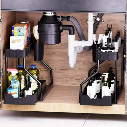 Double-Layer L-Shaped Sliding Storage Organizer, Multi-Functional Bathroom Caddy For Cosmetic, Cleaning Supplies, Great For Bathroom, Kitchen, Vanity