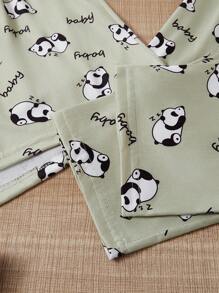 3 件套熊猫印花字母睡衣套装，包括圆领短袖 T 恤 + 松紧腰短裤 + 休闲长裤，适合女士的舒适睡衣和家居服 - 彩色 - 查看 6