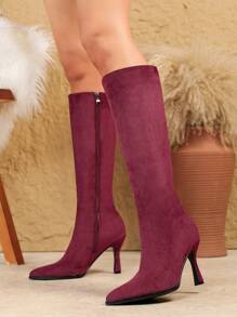 Women's Brown Pointed Toe High Heel Slim Leg Boots, Chunky Heel, Elegant British Style, Side Zipper, Over The Knee, Short Legs, Suitable For Spring And Autumn, Catwalk Performance