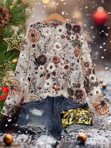 Maglione da donna casual con motivo floreale, collo a giro, maniche lunghe, con fodera termica, per l'autunno e l'inverno