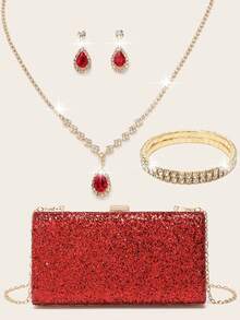 Bộ trang sức pha lê LETODE 4 món, vòng cổ, hoa tai, vòng tay, bộ vòng tay, túi xách buổi tối cho nữ, túi cầm tay, ví dự tiệc, túi đựng đồ ăn tối thời trang thanh lịch, lấp lánh sáng bóng, túi xách cầm tay cho nữ, túi đeo chéo, túi dự tiệc cưới, túi đeo chéo cho nữ và bé gái - Đỏ - Xem 1
