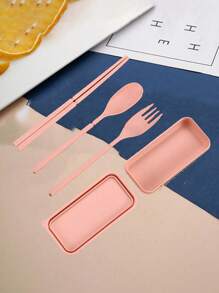 3Pcs/5pcs/Set Portable Travel Utensil Set With Case, Fold Reusable Tableware Includes Cutlery, Coffee Spoon, Salad Fork, Steak Knife, And Storage Box, Reusable Cutlery Old With Case, Portable Utensils Set For Adults, Tableware Camping Cutlery Set, Travel Utensils Set For Kitchens, Dishwasher Friendly, For School, Picnics, Parties, Outdoor Dining, Camping,School Supplies