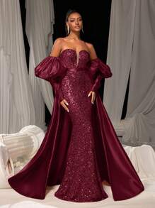 Faeriesty 华丽泡泡袖美人鱼下摆缎面拖尾亮片正式舞会礼服