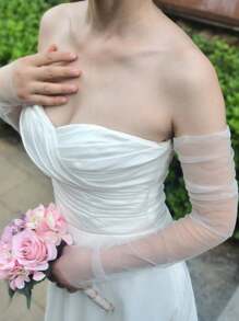 1 Cặp tay áo lưới mỏng dài dành cho cô dâu, thích hợp cho tiệc trang trọng, đám cưới, phụ kiện váy cưới để che cánh tay, trang phục mùa thu dành cho phụ nữ - Màu be - Xem 9