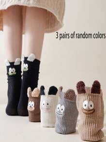 3双装女士秋冬袜子新款立体刺绣毛绒女士中筒袜高弹力袜子 - 彩色 - 查看 7