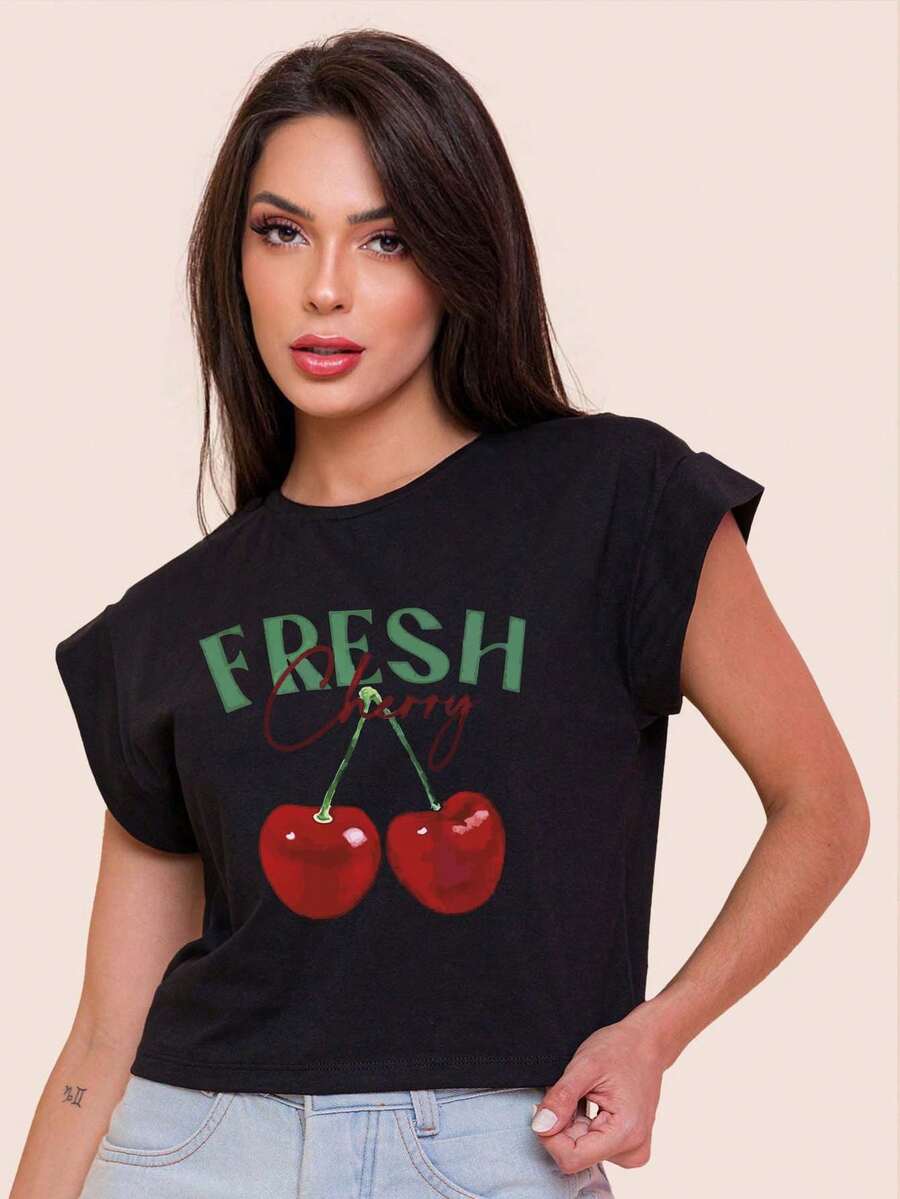 Cropped Feminino Estampado Fresh Cherry - Preto - Visão 1