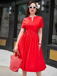 优雅复古 V 领短袖高腰褶皱摇摆约会派对中长连衣裙 - 紅色 - 查看 2