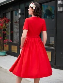 优雅复古 V 领短袖高腰褶皱摇摆约会派对中长连衣裙 - 紅色 - 查看 6