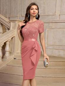 MIUSOL Elegant Sequin Floral Lace Ruffle Trim Wrap Hem Cocktail Party Fitted Dress - Bụi hồng - Xem 5