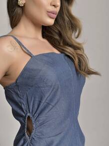 Women's Short Lyocell Dress With Straps And Side Slit - 藍色 - 查看 3