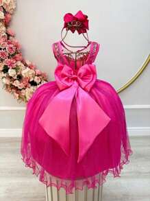 Pink Youth Luxury Embroidered Party Dress Flower Girl Graduation With Glitter Luxury Princess Birthday 4 To 16 Years Old - Màu Hồng Tươi - Xem 3