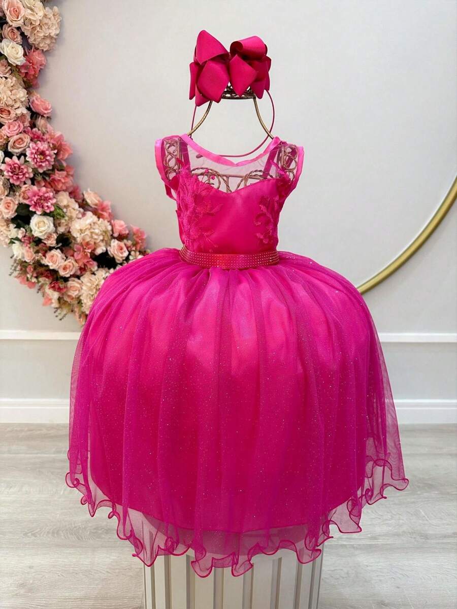 Pink Youth Luxury Embroidered Party Dress Flower Girl Graduation With Glitter Luxury Princess Birthday 4 To 16 Years Old - Màu Hồng Tươi - Xem 1