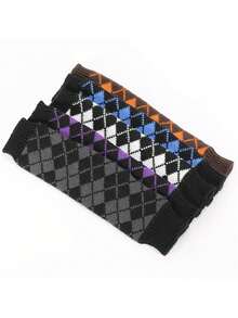 1 双时尚多色菱形开放式手套，新款针织保暖半指腕套，适合女士，秋冬季 - 彩色 - 查看 5