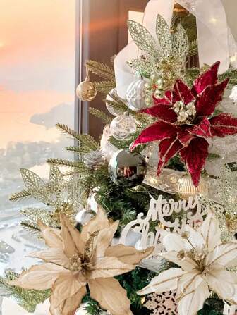 1 pieza de 28 cm Flor de Navidad artificial de peluche color dorado champán para decoración navideña