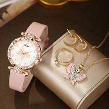 Bộ 4 chiếc đồng hồ thạch anh tròn hình bướm vàng khảm kim cương thời trang hợp thời trang dành cho nữ, thích hợp làm quà tặng cho tiệc tùng, tiệc chiêu đãi, đi kèm với bộ phụ kiện hình bướm phù hợp - Nhiều màu - Xem 11