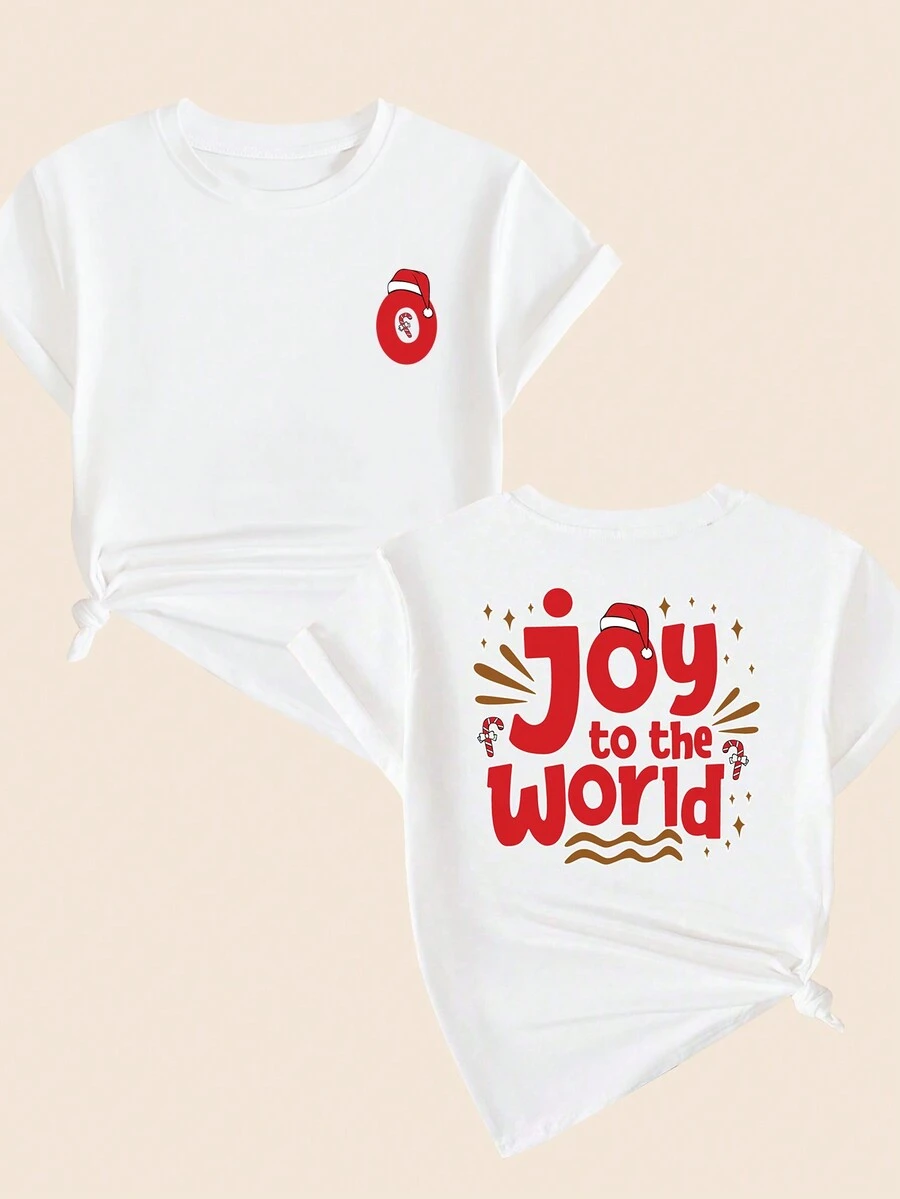 Christmas Atmosphere Printed Cotton T-Shirt Babylook Comfort Breathable Elegant Summer - 白色的 - 查看 1