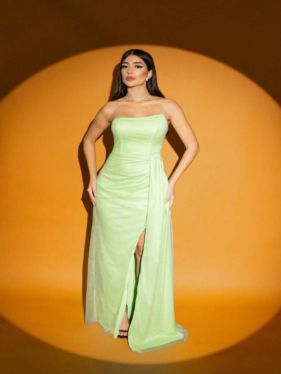 Mila Tulle Long Shiny Bridesmaid Dress - 青檸色 - 查看 1