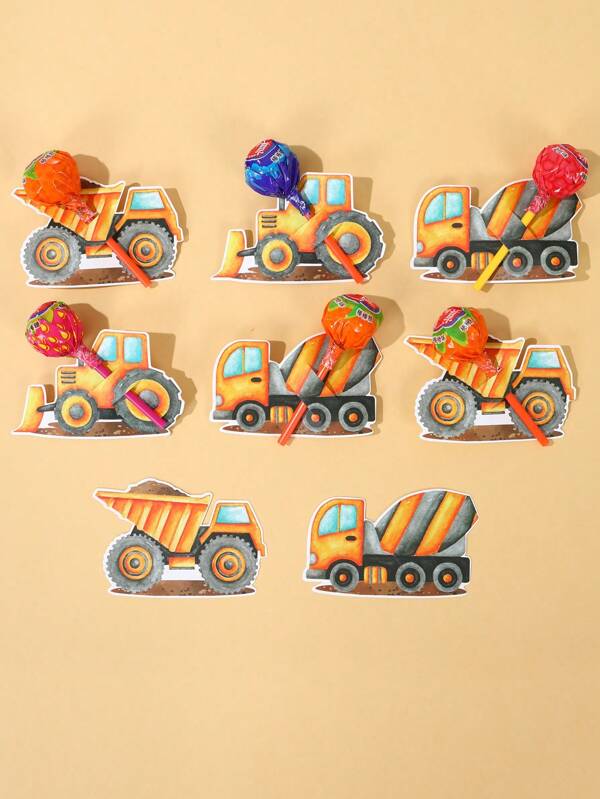 48pcs Construction Truck Theme Lollipop Holders, Paper Cards For Birthday Newborn Wedding Party Supplies Universal Holiday Decorations