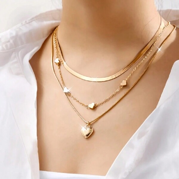 Set de 3 collares con colgante en forma de corazón para mujeres, joyería multicapa con cadena ajustable, regalo para el Día de San Valentín de uso diario