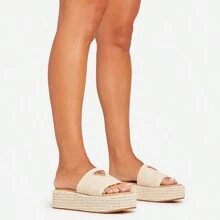 Ego Boii Logo Detail Square Toe Flatform Slider Sandal In Beige Woven - Beige - View 1