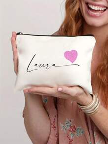 Personalized Fashion Polyester Makeup Bag With Heart & Custom Name - Machine Washable, Zipper Closure, Lightweight, Fade Resistant, Foldable Cosmetic Pouch For Gift,Multifunction,Versatile,Large Capacity,Lightweight,Functional,Practical,All-Purpose,Colorful,Cute,Adorable,Contracted,Funny,Kawaii,Y2K,Minimalist,Commuting,Business Casual,Basics,Custom,Personalized,Unique,Customized,Travel Bag,Cosmetic Bag/Makeup Bag,Ideal Gifts For Him,Ideal Gifts For Her,Her,Boyfriend,Girlfriend,Family,Friends,For Anniversaries,For Birthdays,For Holiday/ Vacation,For Outdoors/Outings/Travel/Hiking/Stadium/Sports/Climbing,For School,For Business/Commute/Work/Office
