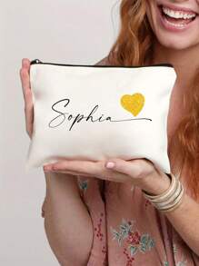 Personalized Fashion Polyester Makeup Bag With Heart & Custom Name - Machine Washable, Zipper Closure, Lightweight, Fade Resistant, Foldable Cosmetic Pouch For Gift,Multifunction,Versatile,Large Capacity,Lightweight,Functional,Practical,All-Purpose,Colorful,Cute,Adorable,Contracted,Funny,Kawaii,Y2K,Minimalist,Commuting,Business Casual,Basics,Custom,Personalized,Unique,Customized,Travel Bag,Cosmetic Bag/Makeup Bag,Ideal Gifts For Him,Ideal Gifts For Her,Her,Boyfriend,Girlfriend,Family,Friends,For Anniversaries,For Birthdays,For Holiday/ Vacation,For Outdoors/Outings/Travel/Hiking/Stadium/Sports/Climbing,For School,For Business/Commute/Work/Office