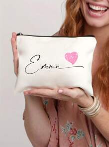 Personalized Fashion Polyester Makeup Bag With Heart & Custom Name - Machine Washable, Zipper Closure, Lightweight, Fade Resistant, Foldable Cosmetic Pouch For Gift,Multifunction,Versatile,Large Capacity,Lightweight,Functional,Practical,All-Purpose,Colorful,Cute,Adorable,Contracted,Funny,Kawaii,Y2K,Minimalist,Commuting,Business Casual,Basics,Custom,Personalized,Unique,Customized,Travel Bag,Cosmetic Bag/Makeup Bag,Ideal Gifts For Him,Ideal Gifts For Her,Her,Boyfriend,Girlfriend,Family,Friends,For Anniversaries,For Birthdays,For Holiday/ Vacation,For Outdoors/Outings/Travel/Hiking/Stadium/Sports/Climbing,For School,For Business/Commute/Work/Office