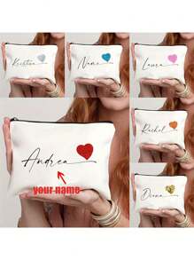 Personalized Fashion Polyester Makeup Bag With Heart & Custom Name - Machine Washable, Zipper Closure, Lightweight, Fade Resistant, Foldable Cosmetic Pouch For Gift,Multifunction,Versatile,Large Capacity,Lightweight,Functional,Practical,All-Purpose,Colorful,Cute,Adorable,Contracted,Funny,Kawaii,Y2K,Minimalist,Commuting,Business Casual,Basics,Custom,Personalized,Unique,Customized,Travel Bag,Cosmetic Bag/Makeup Bag,Ideal Gifts For Him,Ideal Gifts For Her,Her,Boyfriend,Girlfriend,Family,Friends,For Anniversaries,For Birthdays,For Holiday/ Vacation,For Outdoors/Outings/Travel/Hiking/Stadium/Sports/Climbing,For School,For Business/Commute/Work/Office