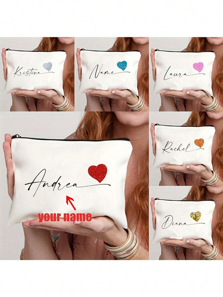 Personalized Fashion Polyester Makeup Bag With Heart & Custom Name - Machine Washable, Zipper Closure, Lightweight, Fade Resistant, Foldable Cosmetic Pouch For Gift,Multifunction,Versatile,Large Capacity,Lightweight,Functional,Practical,All-Purpose,Colorful,Cute,Adorable,Contracted,Funny,Kawaii,Y2K,Minimalist,Commuting,Business Casual,Basics,Custom,Personalized,Unique,Customized,Travel Bag,Cosmetic Bag/Makeup Bag,Ideal Gifts For Him,Ideal Gifts For Her,Her,Boyfriend,Girlfriend,Family,Friends,For Anniversaries,For Birthdays,For Holiday/ Vacation,For Outdoors/Outings/Travel/Hiking/Stadium/Sports/Climbing,For School,For Business/Commute/Work/Office