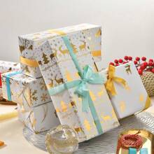 6 件豪华金箔圣诞包装纸 - 白色和金色驯鹿、雪花和树木设计，适合节日礼物和生日庆祝 - 白色 - 查看 2