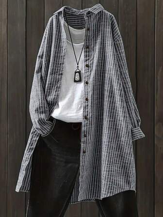 女士条纹印花长袖单排扣宽松休闲衬衫，春秋装，长袖上衣