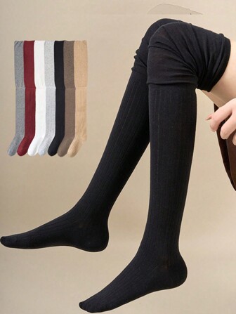 1双女士及膝袜，奶白色及膝高筒袜，卡其色高筒袜，微压缩瘦腿袜，日系拼接长筒叠穿袜，Y2k