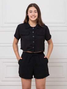 Youth Cropped Shirt Set - 黑色 - 查看 1