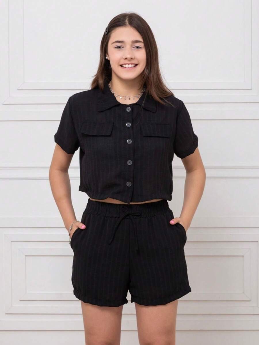 Youth Cropped Shirt Set - 黑色 - 查看 1