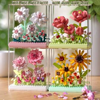Flower Building Blocks Set - 3D Flower Garden Model Kit, DIY Craft Flower Bouquet, Transparent Acrylic Case, ABS Plastic, Ideal For Home Decor, Gift For All Occasions, Valentine's Day, Gift Gifts Birthday Graduation