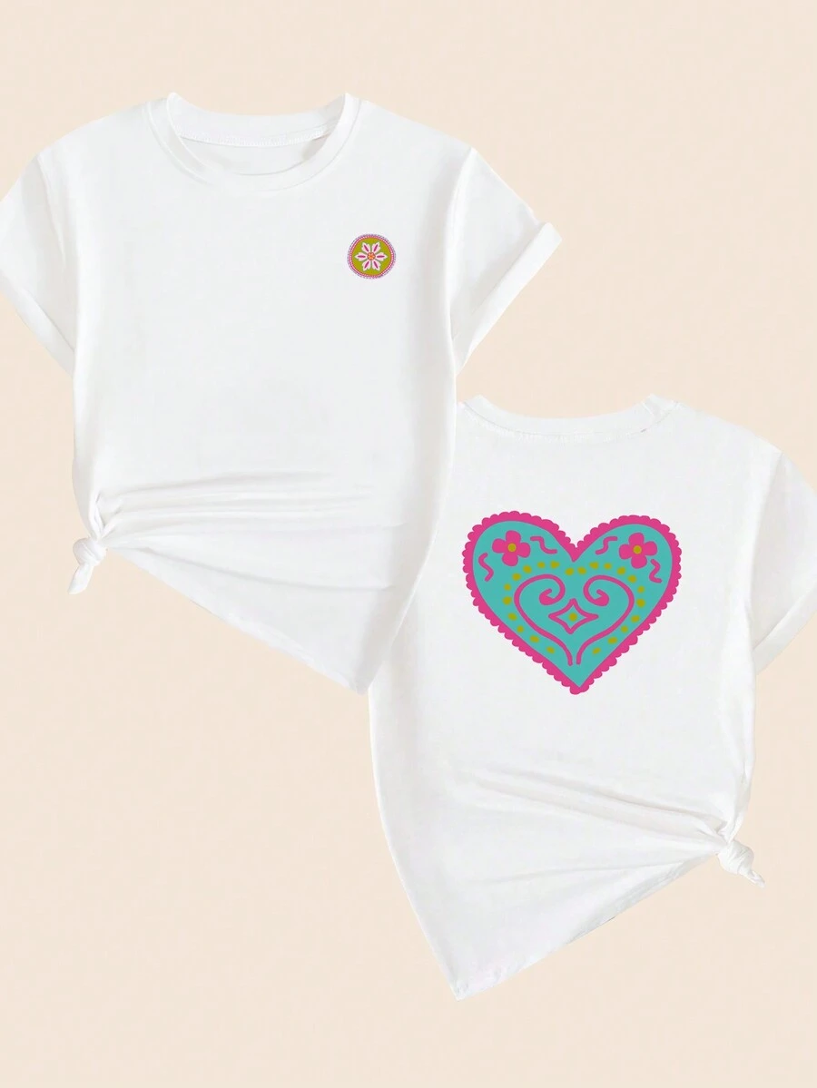 Cotton T-Shirt Printed T-Shirt Simple Style Cute Sweet Comfort Premium Breathable Elegant Summer - 白色的 - 查看 1