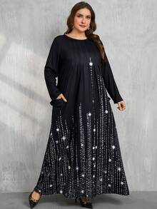 DEARCASE Plus Size Printed Pocket Long Sleeve Dress - Black - View 4
